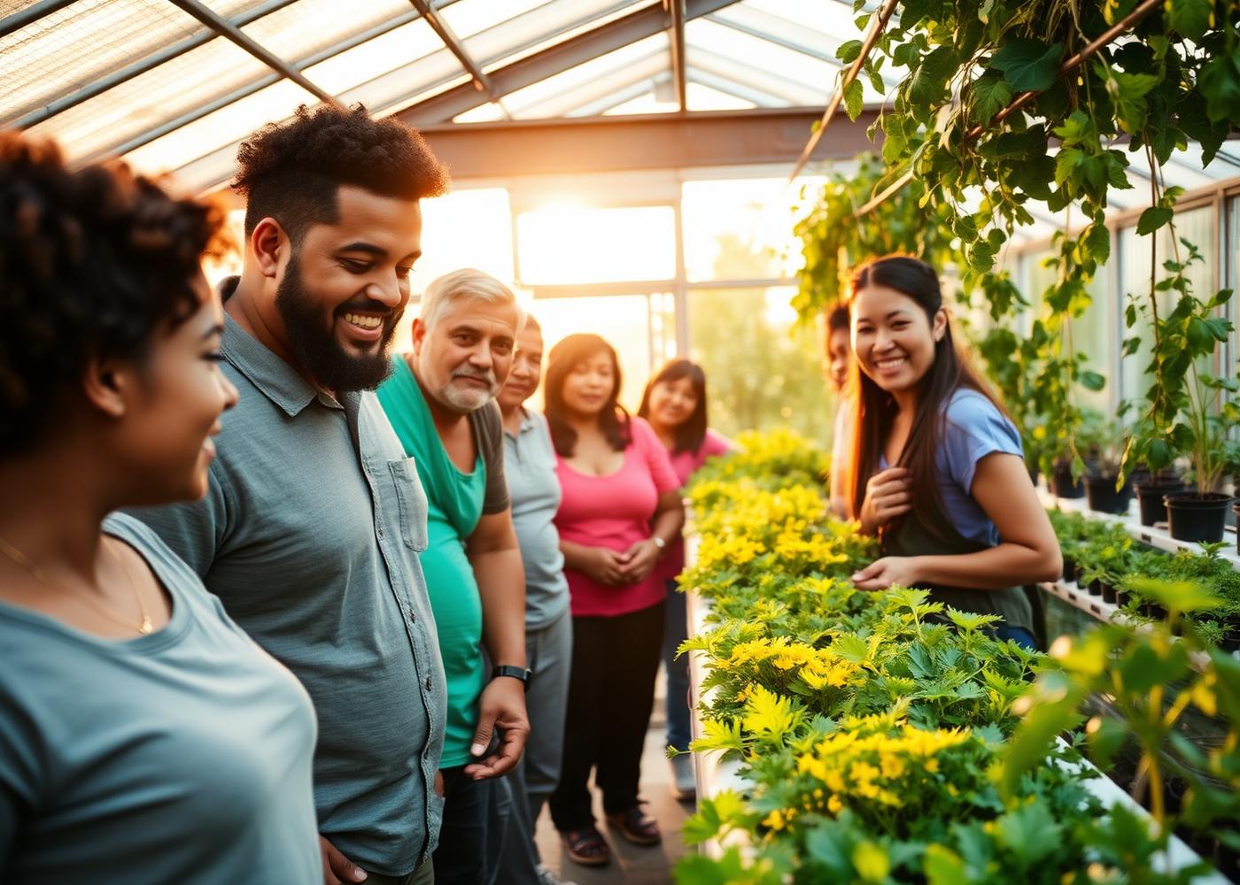 A diverse community learning together inside a hydroponic greenhouse